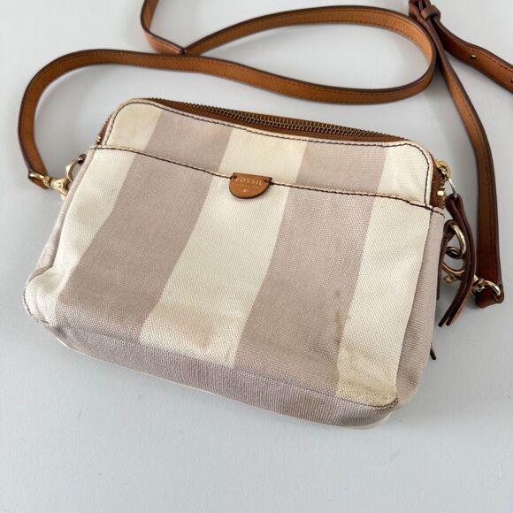 Fossil Sydney Crossbody Purse Bag Taupe And Cream Stripe Zip Closure Handbag - Picture 3 of 12